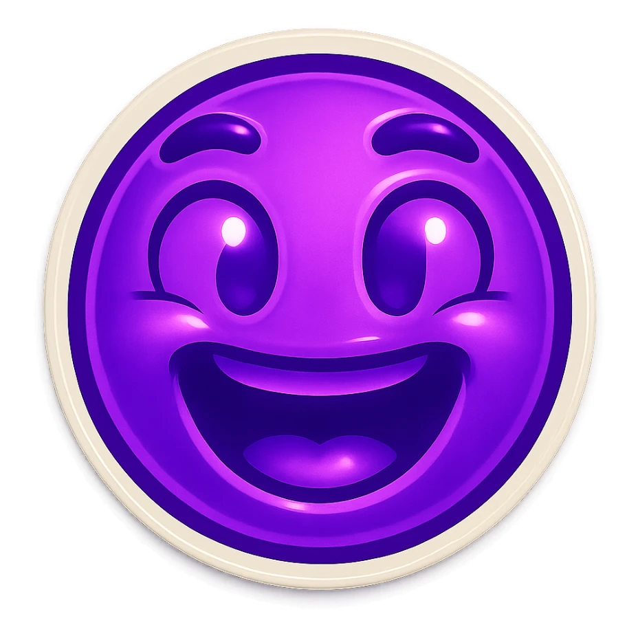 A funny face emote with a neon purple theme, expressing excitement, compact and expressive sticker