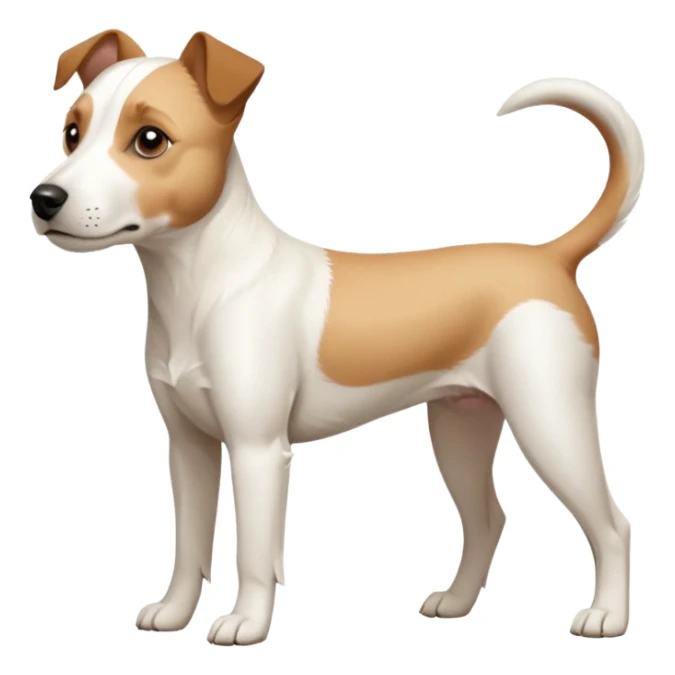 a full body facing front on of a buff white parson russell terrier looking dog the size of a kelpie with light brown long ears resting on its face and a light brown patch on one eye and a large snout. the rest of the dog is completely white.  sticker