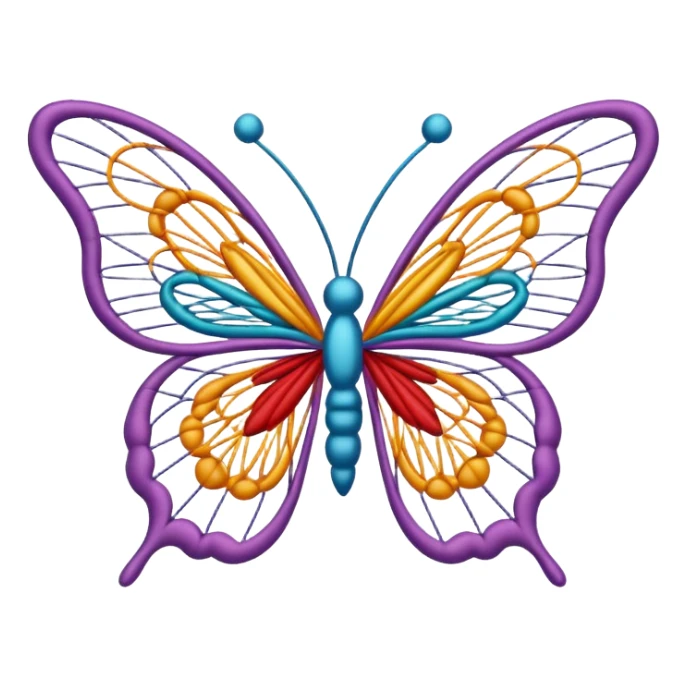 String art icon, colorful butterfly made with threads, wings formed by intricate thread patterns, body of the butterfly with visible thread ball structure, minimalistic style, clean lines, transparent background. sticker
