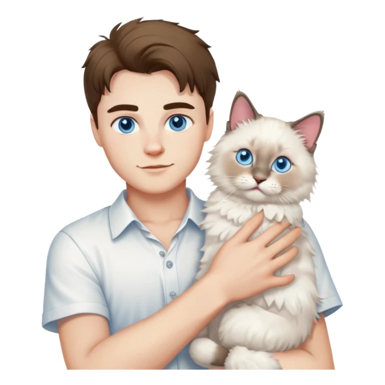 A young handsome Caucasian man in a white shirt holding a ragdoll cat sticker