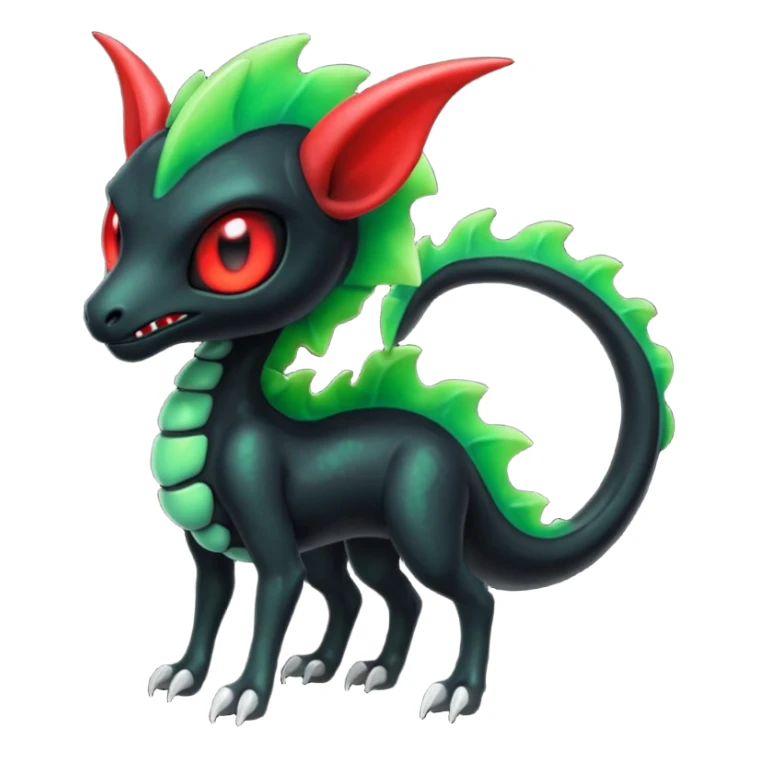 Evil horned glowing scary spooky Obsidian-black and neon-glowing-green skeletal Meloetta-Salandit-Nargacuga-Zygarde-Pokémon-Fakémon-creature-fusion-hybrid with glowing crimson-red evil slit eyes sticker