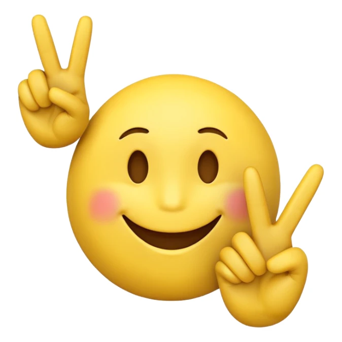Create a 3d emoji of smiley with fingers showing peace sign. Background is white sticker