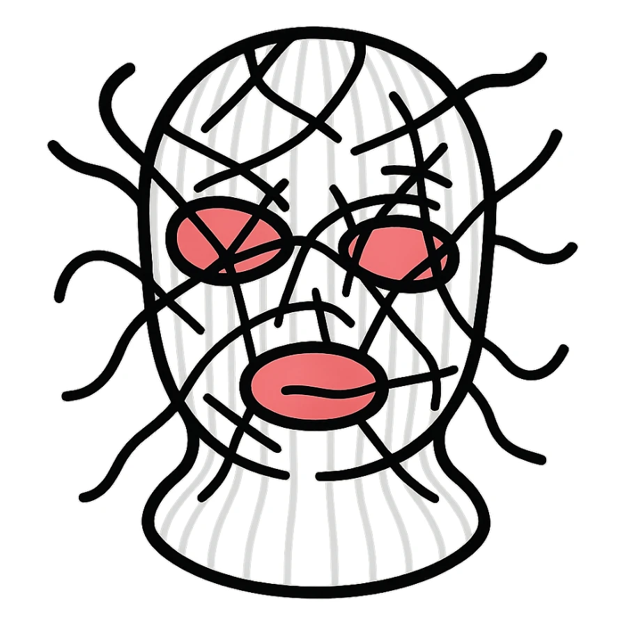 The mask is a full-head, white knitted balaclava with a tight ribbed texture. It features two asymmetrical eye openings and a partially exposed mouth area. Black thread is stitched across the surface in chaotic, abstract lines that trace facial features, giving a hand-drawn effect. Several black cords extend outward from the mask, varying in length and direction, adding a sculptural, almost organic appearance. The overall look is bold, handcrafted, and visually striking. sticker