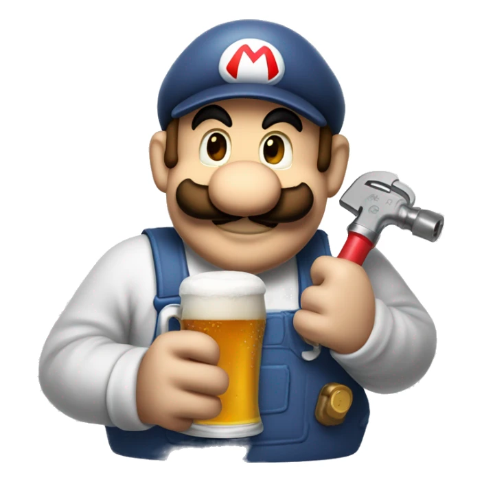Mario plumber drinking beer with a shirt that says “HOPE” with a pipe wrench logo sticker