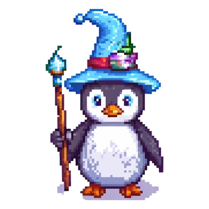 A blocky, retro penguin wizard with a pointy hat and a magic wand sticker