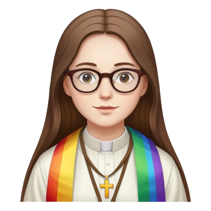 Female priest with glasses, long brown hair, pale skin rainbow stole sticker