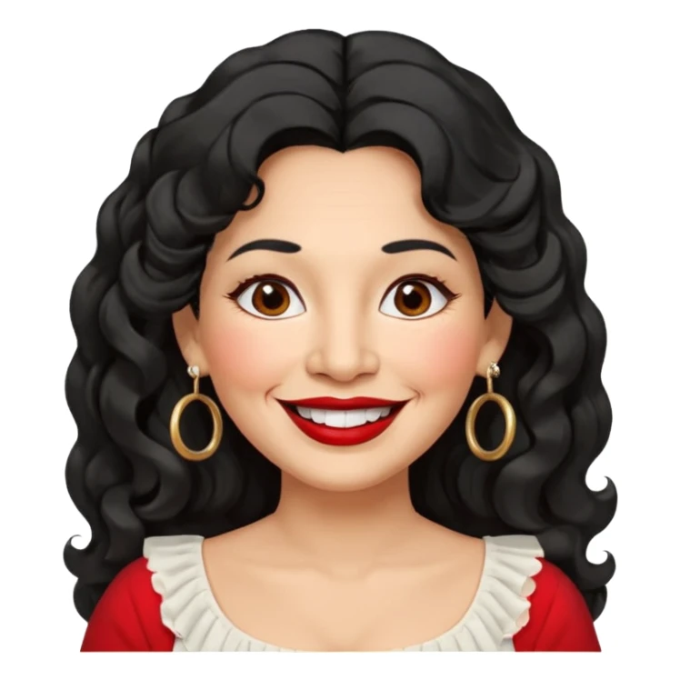 60 yr old peruvian woman, slightly chubby, wavy/curly long black hair, red lipstick, big smile, white teeth, brown eyes, hoop earings, side part to hair, round face, pretty white dress, hair side swept sticker