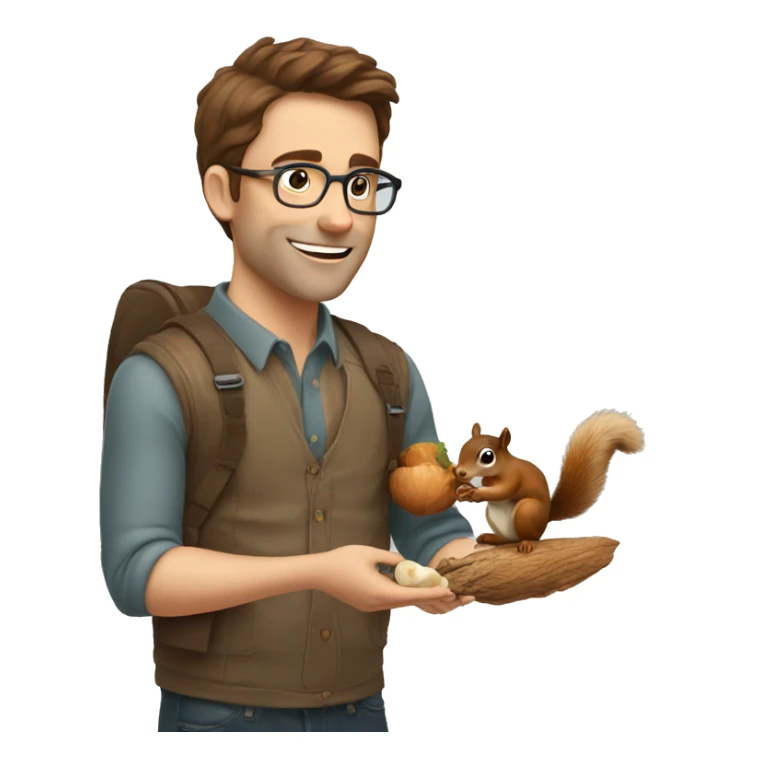 A man with brown hair, glasses and fair skin, feeds a squirrel with nuts sticker