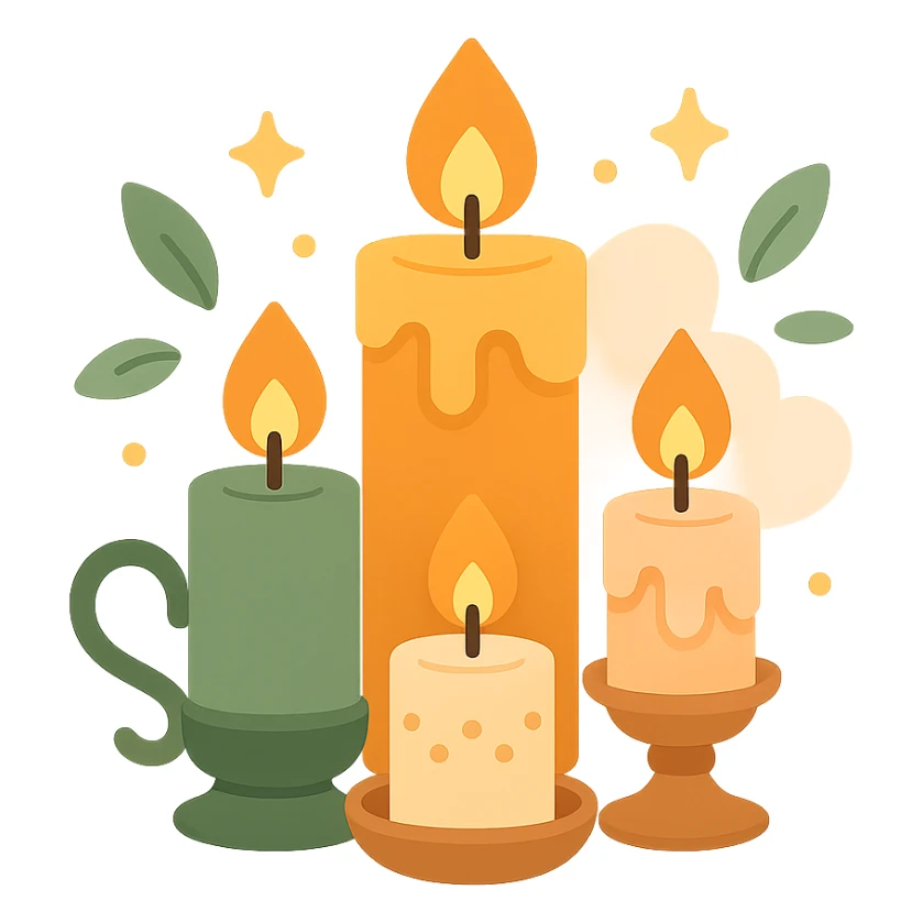Several cute, glowing candles with flickering flames, set in a cozy and magical atmosphere, designed in a soft color palette: golden orange (FA9B41), deep forest green (4A7C5C), warm taupe brown (96775A), and pastel peach (FFCC9A). The candles are in delicate, slightly vintage holders, with the flames casting a gentle, warm glow. The wax is in shades of golden orange and peach, with subtle gradients, and small decorative patterns or tiny sparkles around them. The soft light from the candles creates a dreamy, enchanting ambiance, surrounded by tiny floating leaves or soft mist. The overall mood is serene, inviting, and magical. sticker