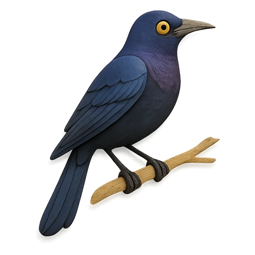 common grackle sitting on a branch, delicate paper layers, realistic feather patterns, subtle color variations, striking eye sticker