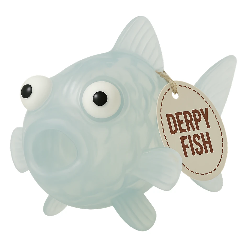 Make the fish's body much more transparent so you can clearly see through it. Keep the semi-transparent blue plastic, derpy eyes, and retro 90's toy look. No background. Hyper-detailed, soft plastic, soft reflections, soft and squishy, some cloudiness, not shiny, highly detailed, appealing. Keep the 'DERPY FISH' tag. The style is a retro 90's toy with semi-transparent blue plastic and derpy eyes, soft and squishy appearance with soft reflections and some cloudiness. sticker