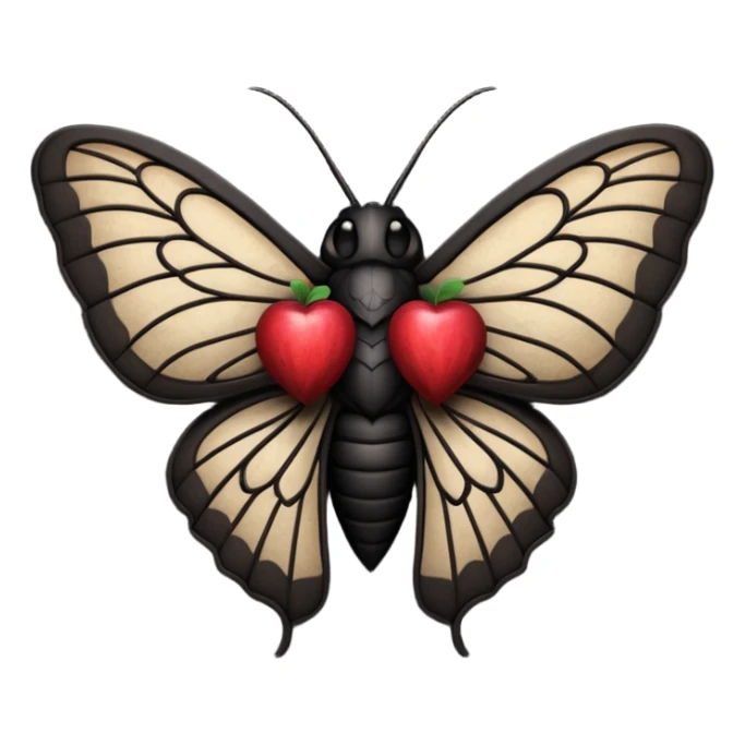 dark heart emoji with a stylized moth inside, gothic, apple emoji style sticker