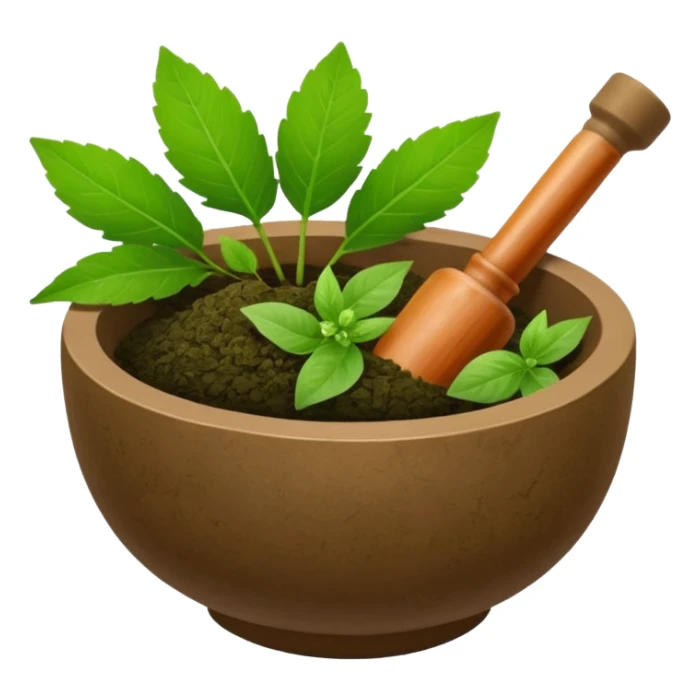 Ayurvedic medicine with mortar and leaves sticker