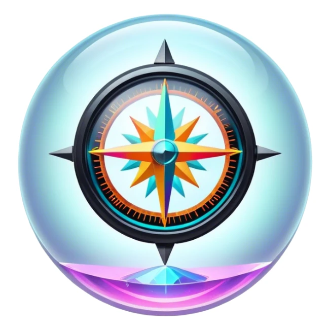 A glowing holographic compass with vibrant neon colors, inside a crystal-clear floating sphere sticker