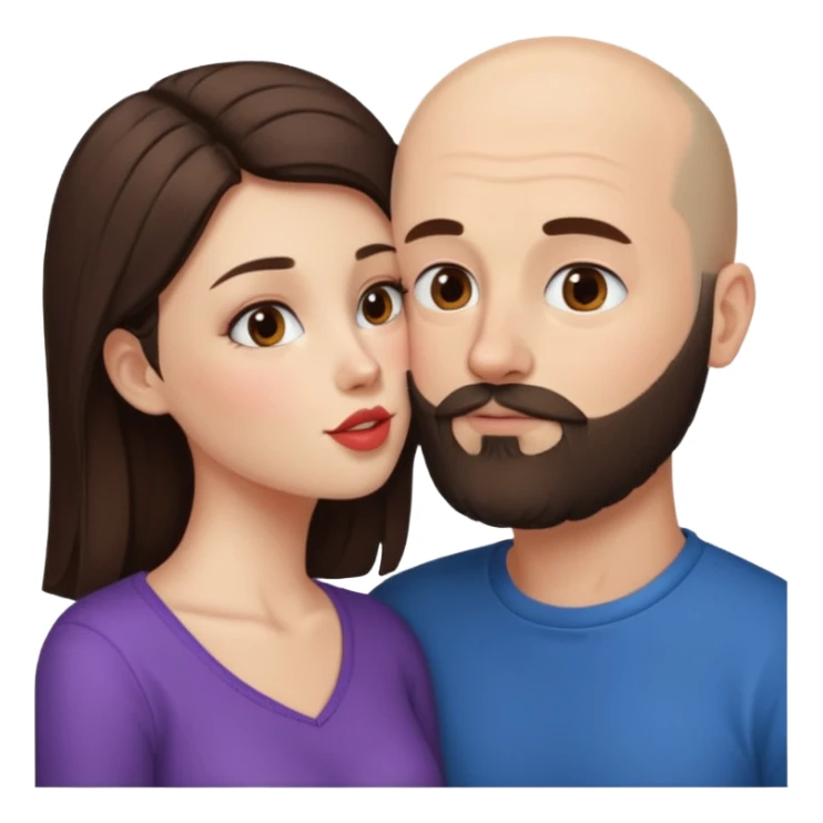 Brunette girl kissing bald guy with beard sticker