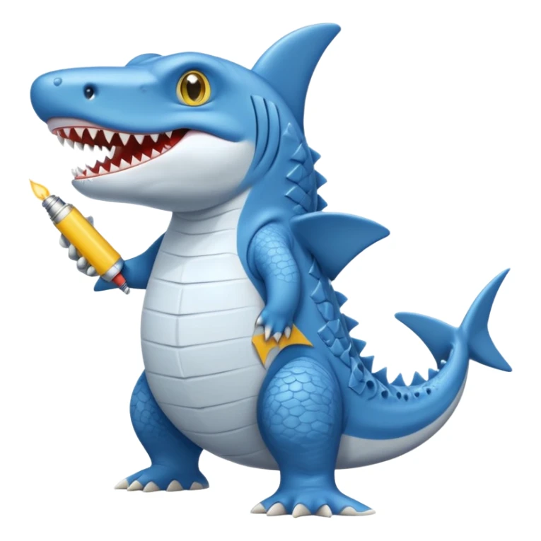 Appearance: The character is predominantly blue with a lighter belly and yellow eyes.
Features: It has large teeth, a shark-like fin on its back, and a tail.
Attire: The crocodile is wearing a pair of light blue and white sneakers.
Pose: It is standing upright on its hind legs. sticker