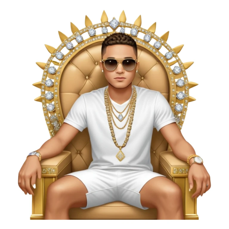 Celebrity millionaire entrepreneur Josh King Madrid, designer fit, 3 diamond sparkling tennis chains, seated on a massive gold throne, sunglasses on, lightskin tan tone, diamond sparkle earrings, private jet behind him sticker