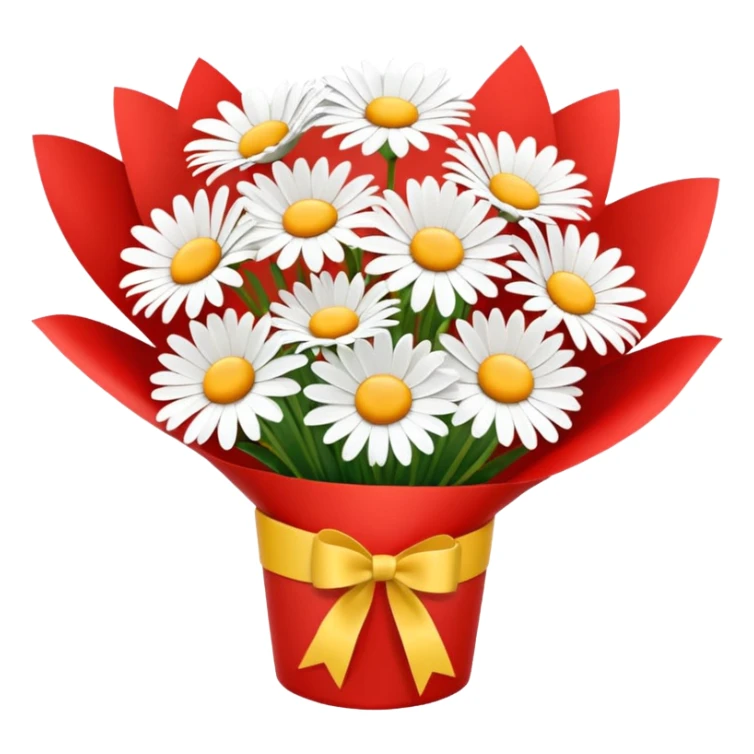 bouquet of daisy with red bow and red wrapping paper sticker