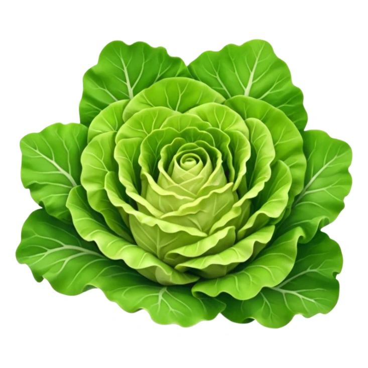 fresh head of lettuce, broad green leaves, crisp, curled edges, outer leaves deep green, inner leaves pale yellow, leafy, ruffled, natural veining, moist, base stem end visible, 3D, clean, minimal, soft shadows, transparent background, emoji scale sticker