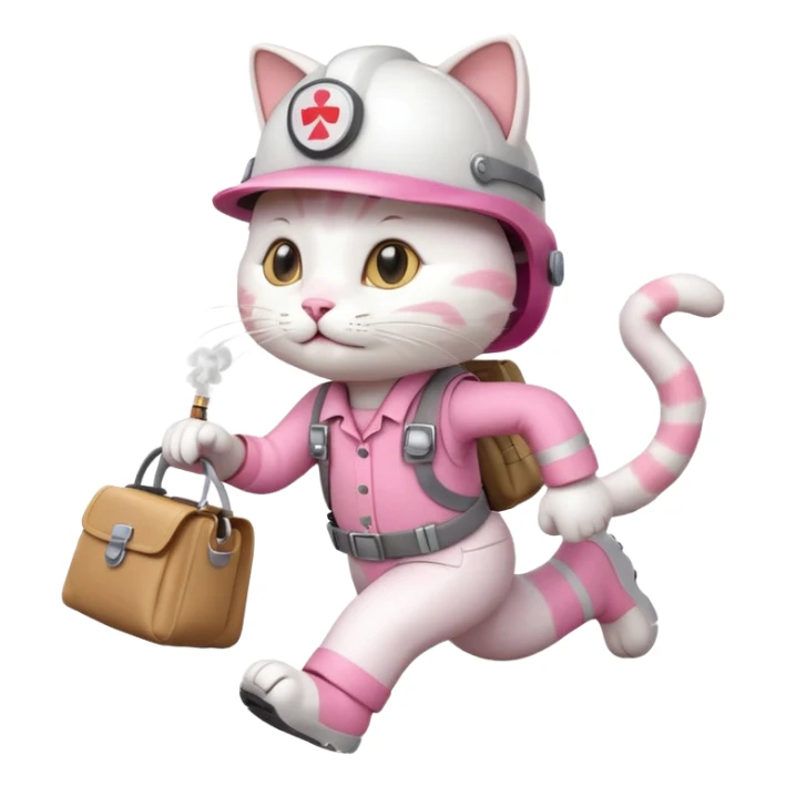 A Cartoonish cute white and pink funny cat cartoon style, dressed as engineer with a white helmet, running super fast carrying her cute bag, leaving a trail of smoking footsteps sticker