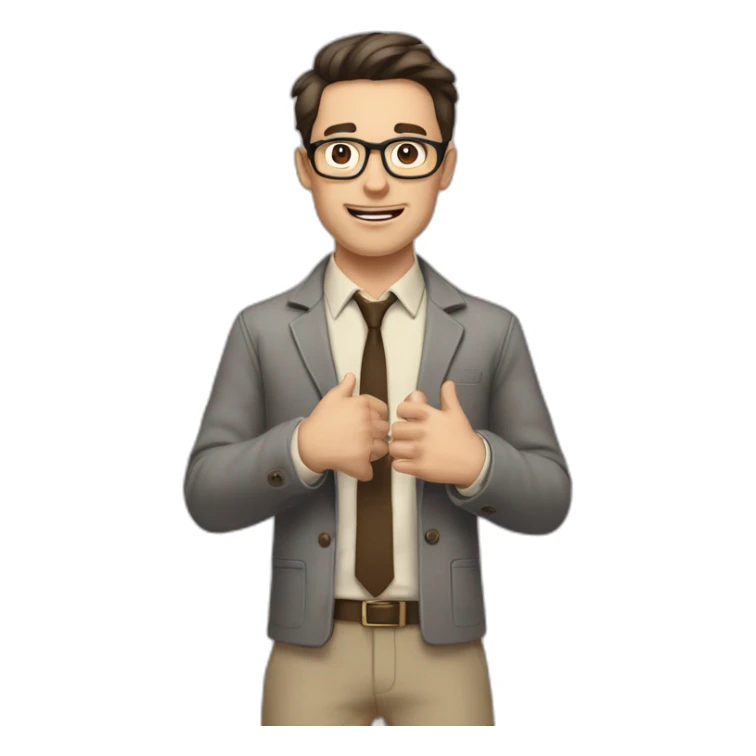 To belt Actively gesturing with hands Pale skinned fit man with dark brown hair in gray jacket, beige office shirt, brown tie, brown pants and vintage glasses. sticker