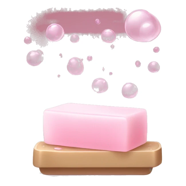 Light pink soap bar sitting on a soap holder, with soap bubbles  sticker