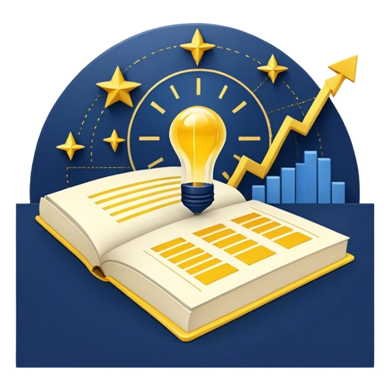 A yellow productivity book with navy blue and gold details, and chart with upward trend aura, radiating productivity, strategy, and success in motion with time and happiness yellow... power in time aura of happiness sticker