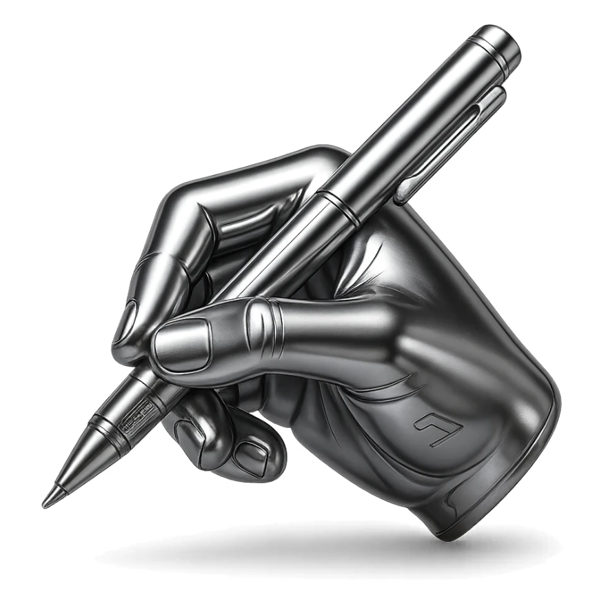stylized chrome hand holding a shiny pen, writing on paper, futuristic and smooth sticker