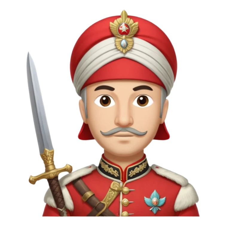 Ottoman janissary in red army dress holding a sword had a white cap sticker