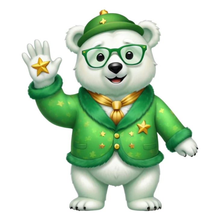 full body friendly anthropomorphised polar bear wearing large multicolored star-shaped glasses and festive St. Patrick's Day outfit, waving and smiling sticker