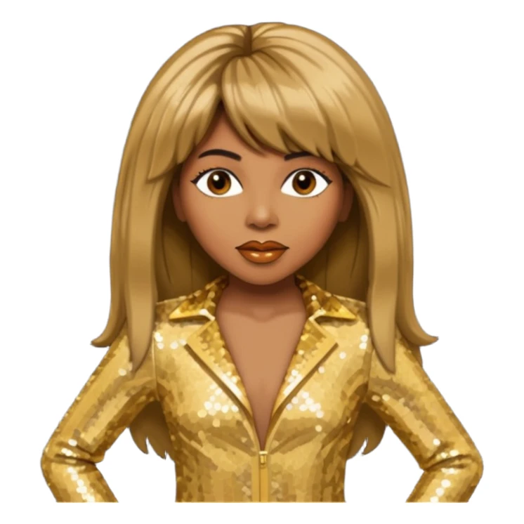 Tina Turner with long brown straight hair, gold sequin outfit sticker