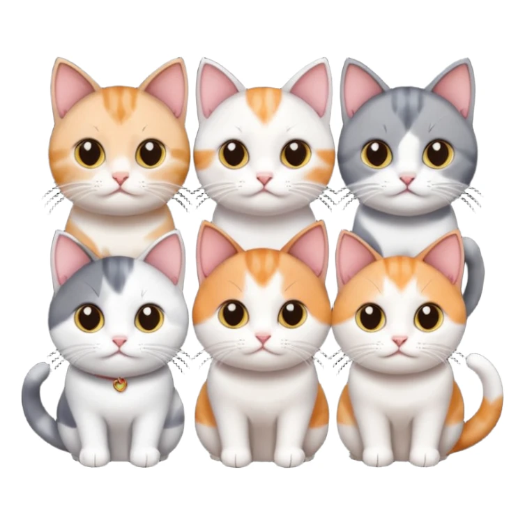 5 different coloured short haired cats including; a dark brown and white cat, and a dark grey and white, and a calico sticker