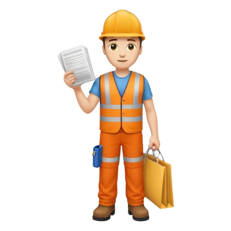 railway worker with orange vest, trousers, boots, and rolled-up plans, emoji style sticker