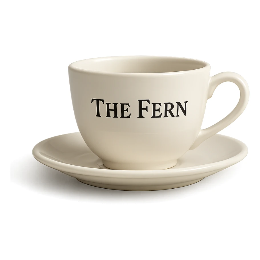 white coffee cup with 'The Fern' written on it in elegant serif letters, classic and refined look sticker