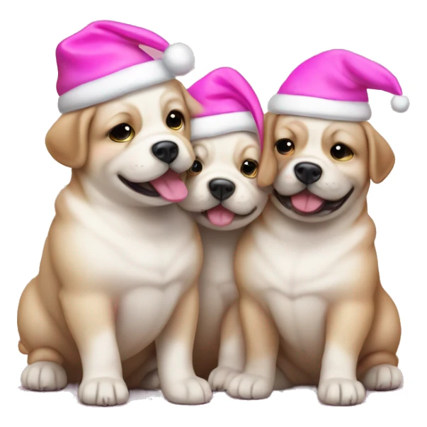 3 happy fat puppies with pink Christmas hat sticker