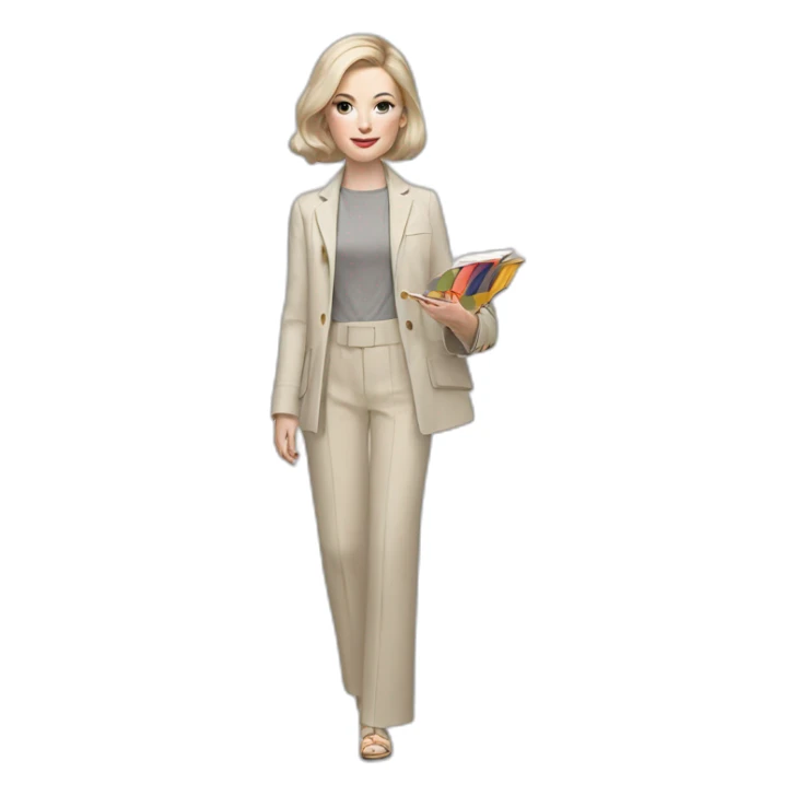pale skin woman with ash blonde Straightened bob Hair, White Spacious classical jacket, beige palazzo Arrow pants and gray blouse holding a color palette in the hands sticker