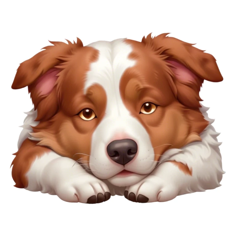 Cinematic Chubby Sleeping Red and White Merle Australian Shepherd Portrait Emoji, Chubby and serene, with a round, adorable build and a striking red and white merle coat, eyes gently closed in peaceful slumber, Simplified yet irresistibly endearing features, highly detailed, glowing with a gentle, dreamy glow, high shine, relaxed and content, stylized with a touch of whimsy, bright and heartwarming, soft glowing outline, capturing the essence of a blissfully sleepy herder, so comically serene it feels like it could roll out of the screen and snore with adorable charm! sticker