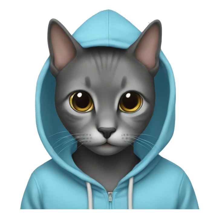 Cat wearing baby blue hoodie and a black MacBook sticker