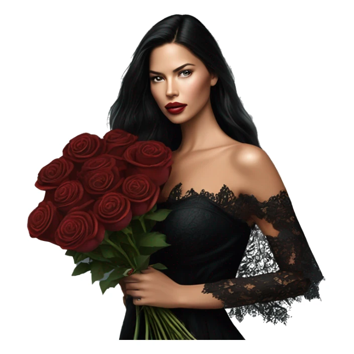 beautiful ethereal adriana lima wearing a long black lace dress while holding a fancy bouquet of dark red roses  sticker