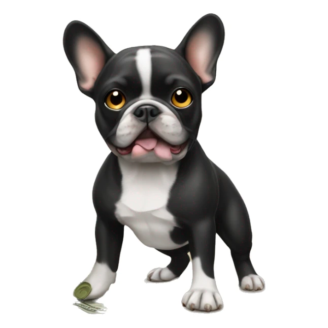 Black-and-tan French bulldog paying money sticker