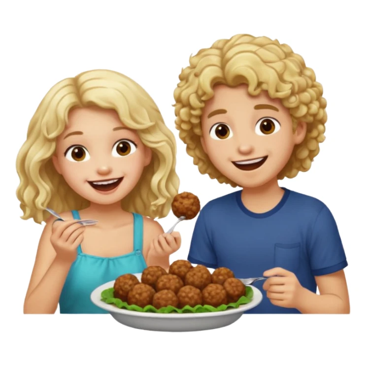 Ragazza bionda leggermente riccia e lunghi che ride ad un ragazzo con i capelli ricci scuri mentre mangia polpette sticker