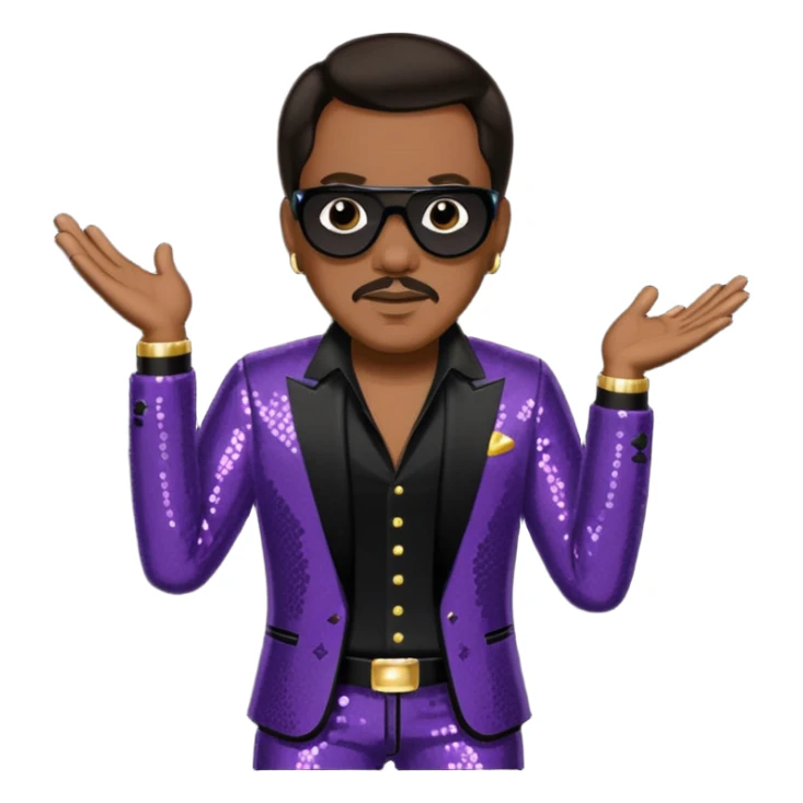 Charlie Wilson with dark brown hair, black sequin outfit sticker