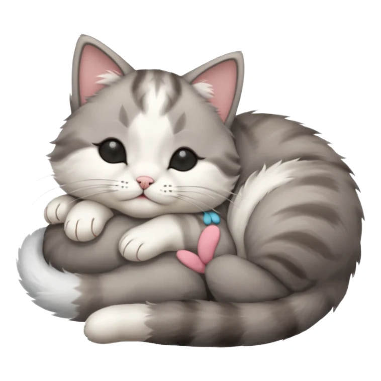 grey and white small cat with eyes closed lying down upside down with its head resting on its paw sticker