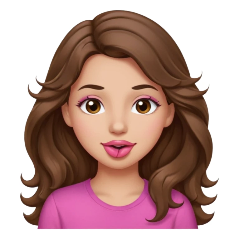 girl with long wavy brown hair, brown eyes, light to medium complexion, in a pink shirt, pink lips, long lashes, puckering lips kissing, winking with one eye sticker