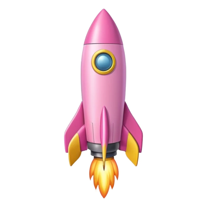 A single rocket, colored in pastel pink and yellow, glossy and smooth, cartoonish, vibrant colors, high detail, simple and cute design, isolated on white background, centered composition sticker