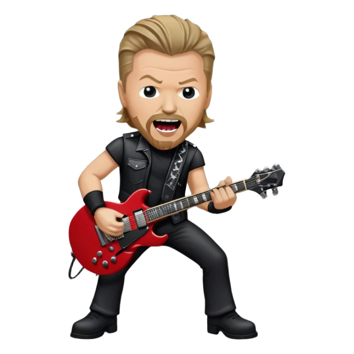 Create a bold and energetic emoji representing James Hetfield with his iconic guitar. The design should feature James Hetfield holding his famous ESP Explorer guitar, known for its sharp, angular body shape. The emoji should convey a sense of power and energy, with James positioned in a strong, rockstar pose, playing with passion. Add subtle elements like a microphone stand, amplifier, or stage lighting to reflect the live performance vibe. Use dark, metallic colors like black, silver, and red, reflecting the heavy metal aesthetic. The background should be transparent. sticker