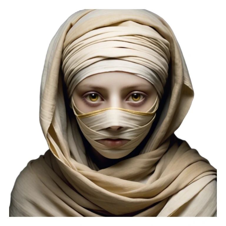 Regal and timeless, fully wrapped in meticulously aged bandages, even its face veiled in layers of ancient cloth with only faint glimpses of deep, solemn eyes peering through, adorned with faded gold accents, exuding an air of forgotten majesty and solemn duty, highly detailed, softly glowing, evoking the dignified mystery of an eternal guardian watching over lost secrets! sticker