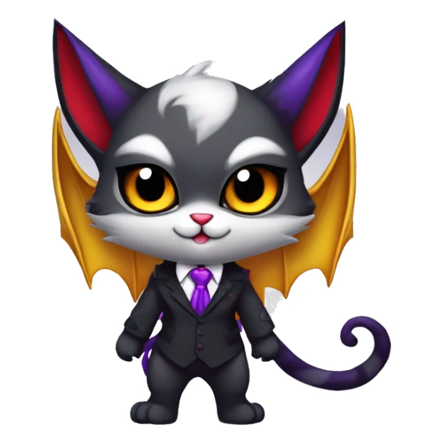 Cute-Evil-Vampiric-Batty-Cat-Black-Purple-Red-Grey-White-Yellow-Contrast-Colors-Fantasy-Fur-Sona-Chibi-Shiny-Fakémon-Hybrid with horns and big fangs neck tie leg spats full body sticker