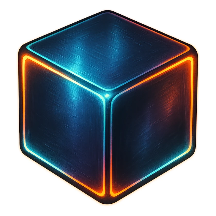 cube with a metallic sheen, glowing edges, classic arcade vibe sticker