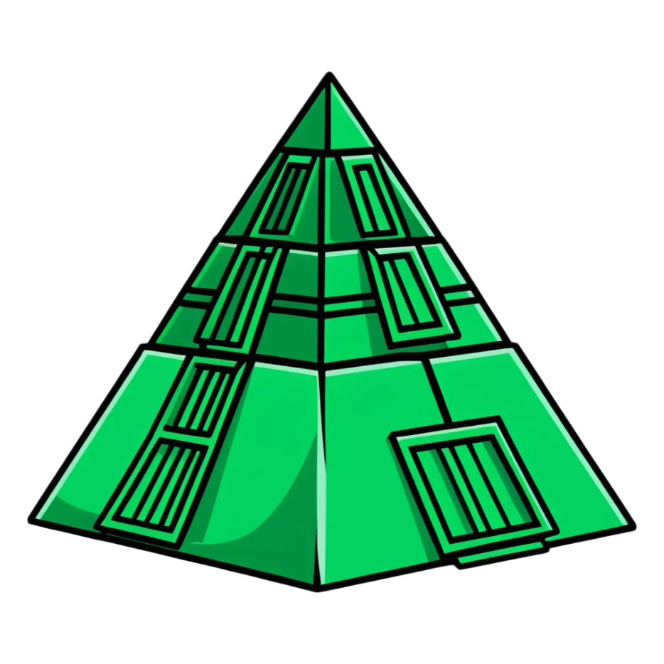 Geometric Maya style pyramid - inbox overflow, strictly white and deep dark green only, angular sharp lines sticker